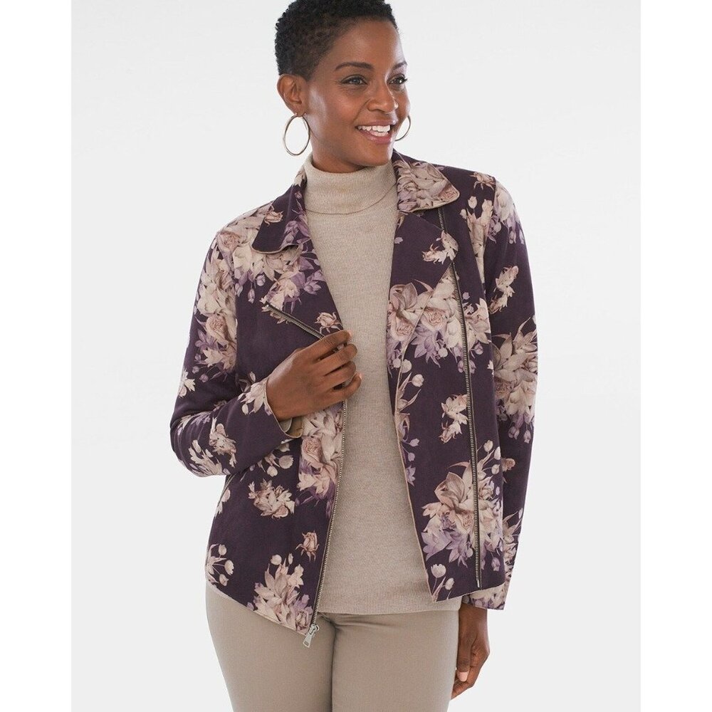 Chico's Sueded Floral Moto Jacket Size 3 (16/18), New